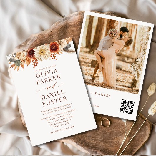 Fall Floral Autumn QR Code Photo Wedding Kaart