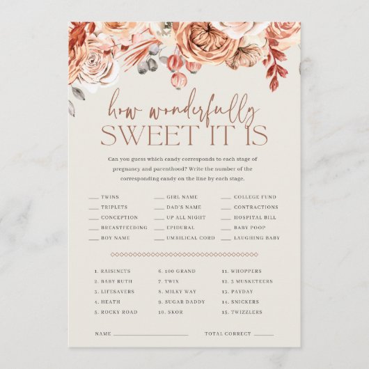 Fall Floral Baby Shower Candy Guessing Game Card Kaart (Voorkant)