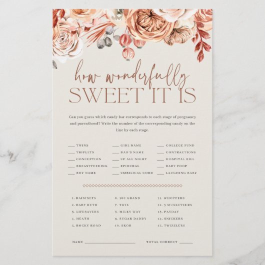 Fall Floral Baby Shower Candy Guessing Game Sheet Flyer (Voorkant)