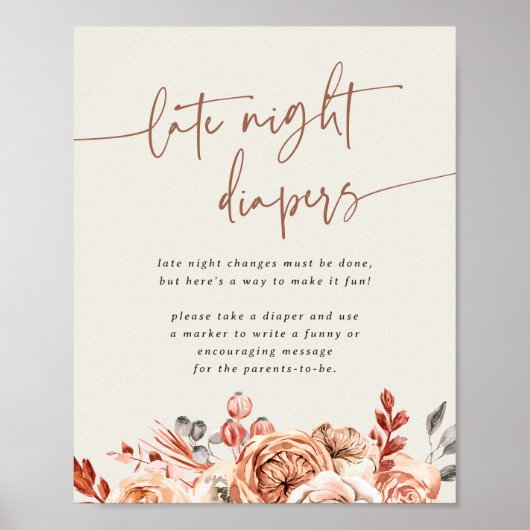 Fall Floral Baby Shower Late Night Diapers Sign Poster (Voorkant)