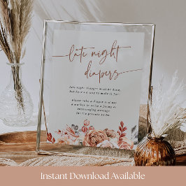 Fall Floral Baby Shower Late Night Diapers Sign Poster