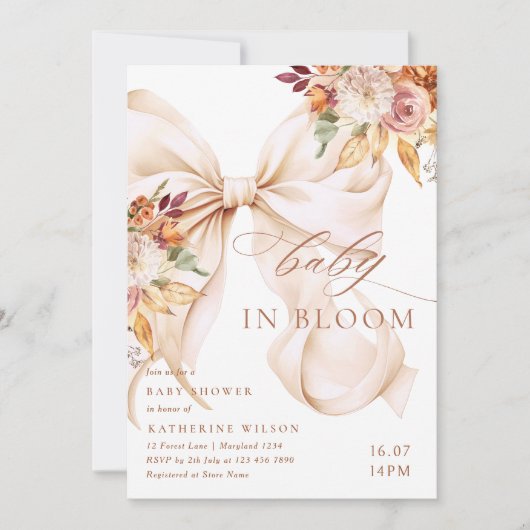 Fall Floral Bow Baby Shower Invitation Kaart (Voorkant)