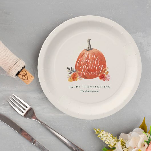 Fall Floral Orange Pumpkin Friendsgiving Dinner Papieren Bordje