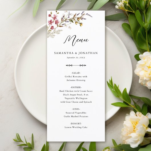 Fall Floral Wildflowers Wedding Reception Menu
