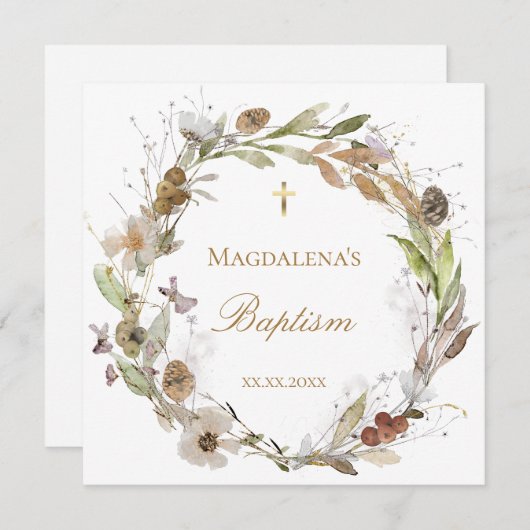 fall flowers wreath Baptism Invitation Kaart (Voorkant / Achterkant)