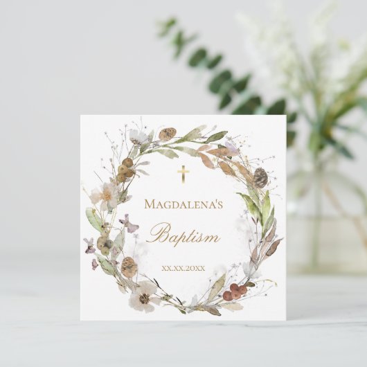 fall flowers wreath Baptism Invitation Kaart (Staand voorkant)