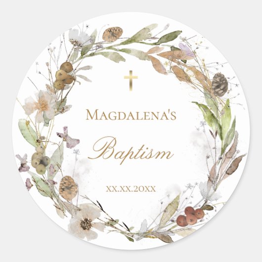 fall flowers wreath Baptism Invitation Ronde Sticker (Voorkant)