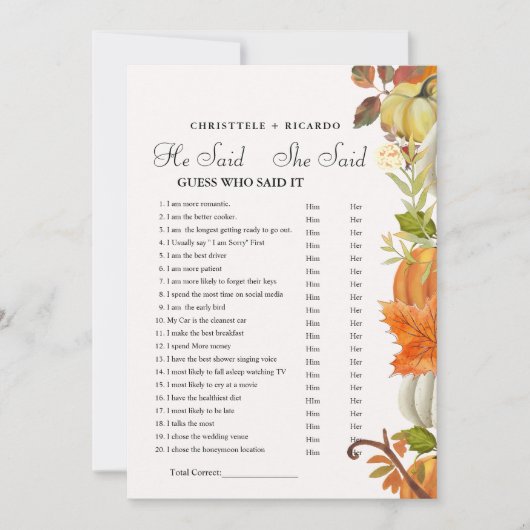 Fall   He said she said Bridal shower game card Aankondiging (Voorkant)