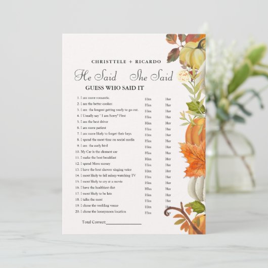 Fall   He said she said Bridal shower game card Aankondiging (Staand voorkant)
