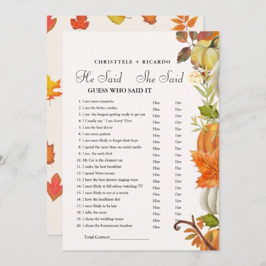 Fall   He said she said Bridal shower game card Aankondiging (Voorkant / Achterkant)