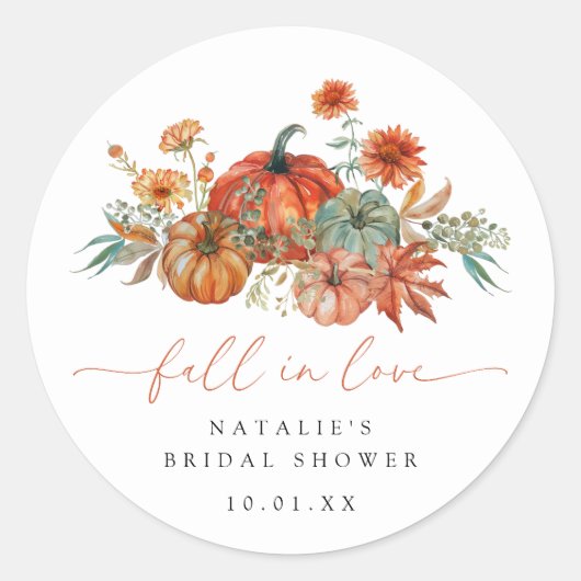 Fall in Love Bloemige Pompoen Bruiloftsfeest Ronde Sticker (Voorkant)