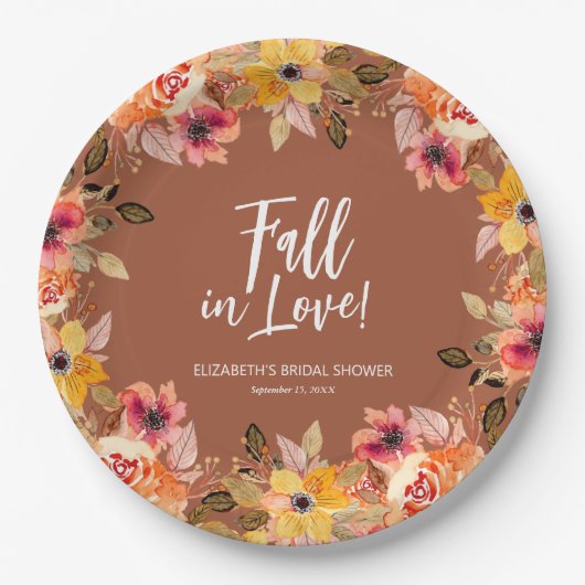 Fall in Love Bloemige Trouwfeest Terracotta Papieren Bordje (Voorkant)