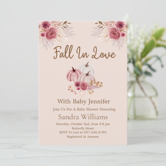 Fall In Love Boho Pink Pumpkin Autumn Baby Shower Kaart (Staand voorkant)