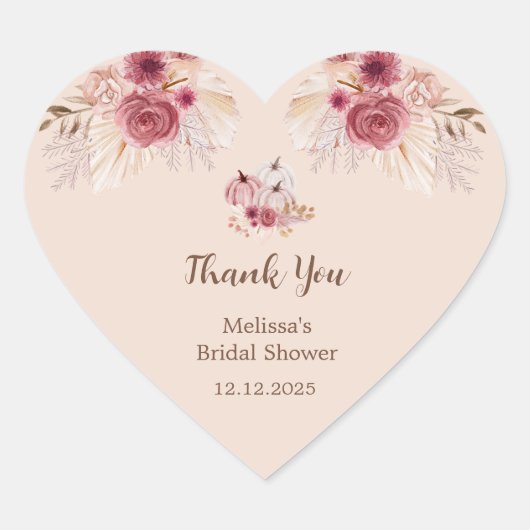 Fall In Love Boho Pink Pumpkin Bridal Shower Hart Sticker (Voorkant)
