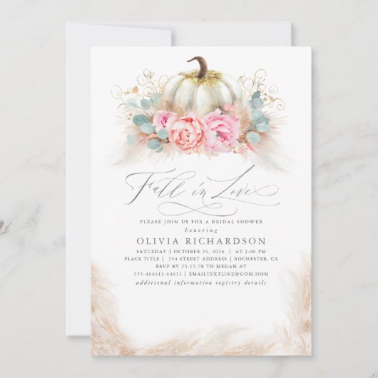 Fall in Love Bridal Shower  Pink Flowers Pumpkin Kaart (Voorkant)