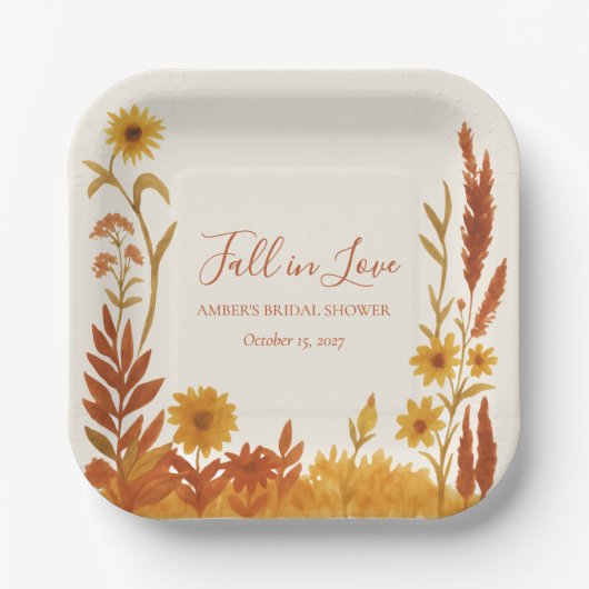 "Fall in Love" Bruiloft Feest Waterverf Bloemen Papieren Bordje (Voorkant)