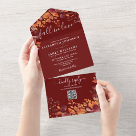  Fall In Love Burgundy Floral QR Code Wedding All In One Uitnodiging
