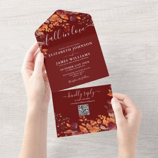  Fall In Love Burgundy Floral QR Code Wedding All In One Uitnodiging (Afscheurbaar)