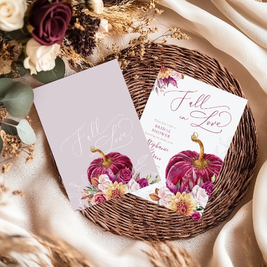Fall in Love Burgundy Pumpkin Bridal Shower Kaart