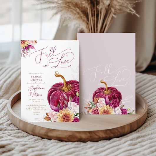 Fall in Love Burgundy Pumpkin Bridal Shower Kaart