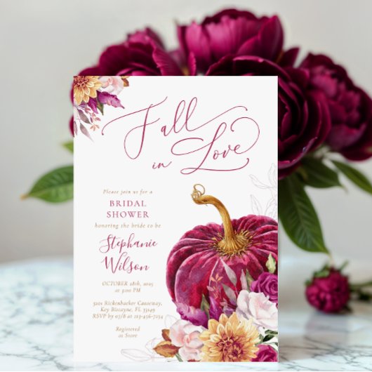 Fall in Love Burgundy Pumpkin Bridal Shower Kaart