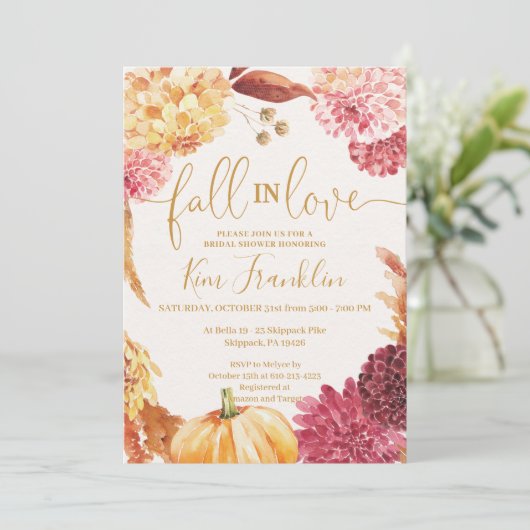 Fall in Love Floral and Gold Bridal Shower Invitat Kaart (Staand voorkant)