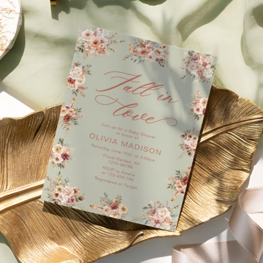 Fall in Love Floral Green Baby Shower Kaart