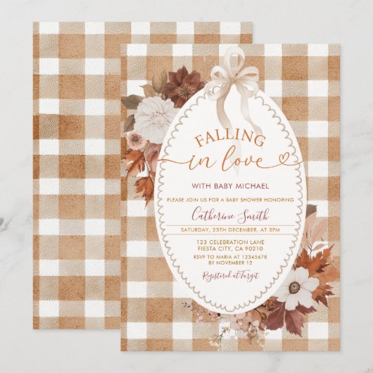 Fall in love Flowers Baby shower Gingham Kaart (Voorkant / Achterkant)