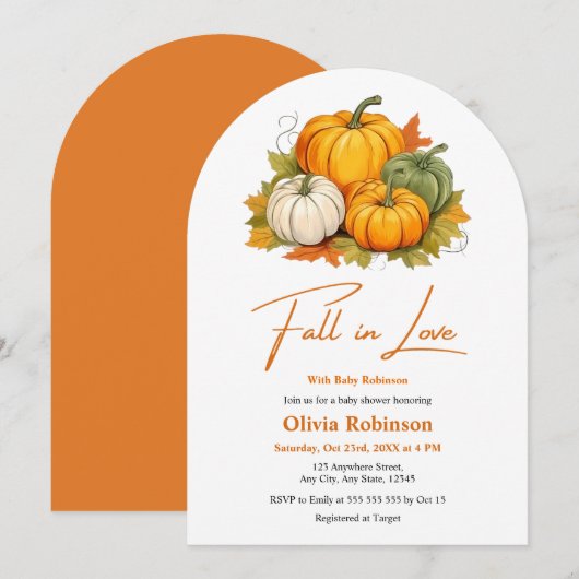 Fall in Love Gender Neutral Pumpkin Baby Shower  Kaart (Voorkant / Achterkant)