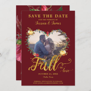 Fall in Love Gold Burgundy Floral Save the Date Kaart