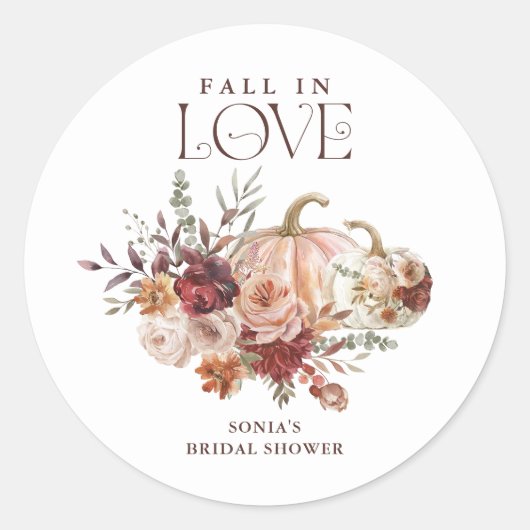 'Fall In Love' Herfstbloesems Pompoen Bruiloft Ronde Sticker (Voorkant)