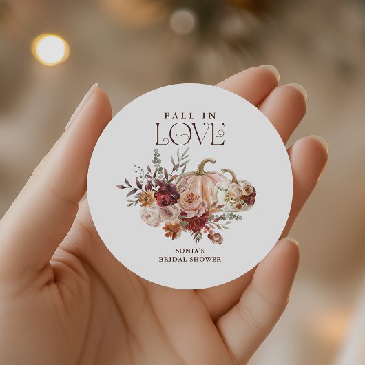 'Fall In Love' Herfstbloesems Pompoen Bruiloftsbor Ronde Sticker