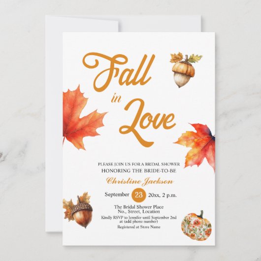 Fall in Love Maple Leaves Acorns Bridal Shower  Kaart (Voorkant)