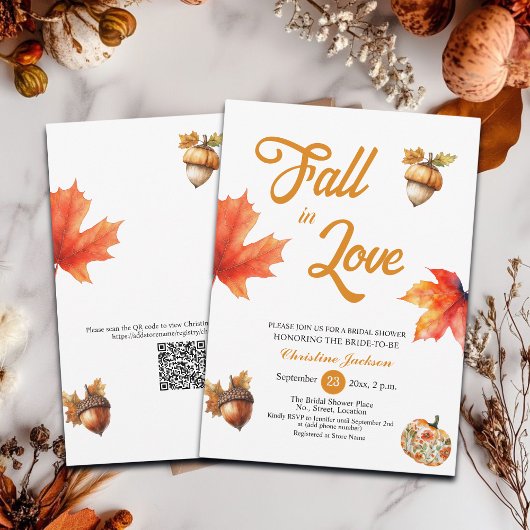 Fall in Love Maple Leaves Acorns Bridal Shower  Kaart