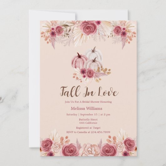 Fall In Love Pink Boho Bridal Shower Invitation Kaart (Voorkant)