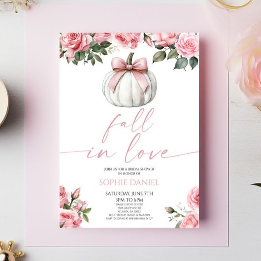 Fall In Love Pink Bow Pumpkin Floral Bridal Shower Kaart