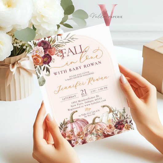 Fall in Love Pumpkin Burgundy Orange Baby Shower Kaart