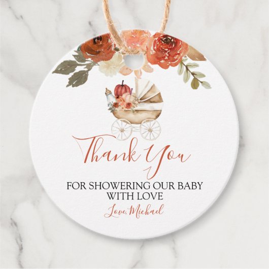 Fall In Love Pumpkin Stroller Floral Baby Shower Bedankjes Labels (Voorkant)
