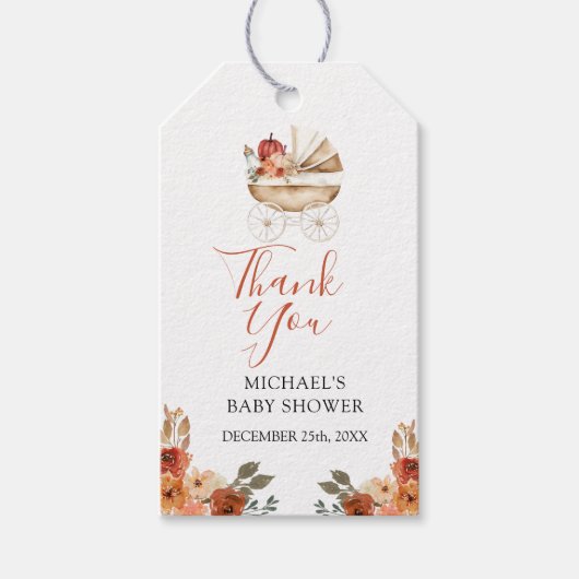 Fall In Love Pumpkin Stroller Floral Baby Shower Cadeaulabel (Voorkant)