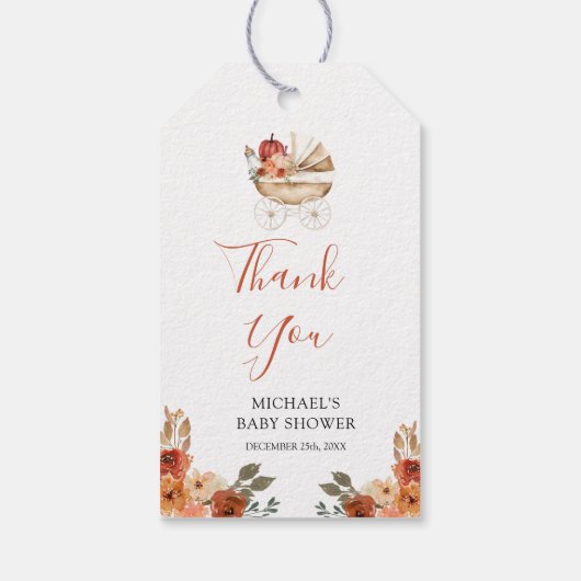 Fall In Love Pumpkin Stroller Floral Baby Shower Cadeaulabel (Achterkant)