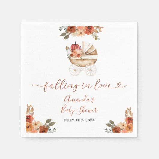 Fall In Love Pumpkin Stroller Floral Baby Shower Servet (Voorkant)