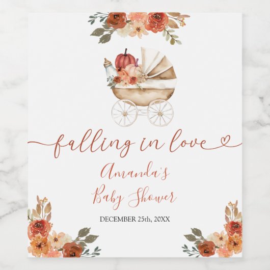 Fall In Love Pumpkin Stroller Floral Baby Shower Wijn Etiket (Enkel label)