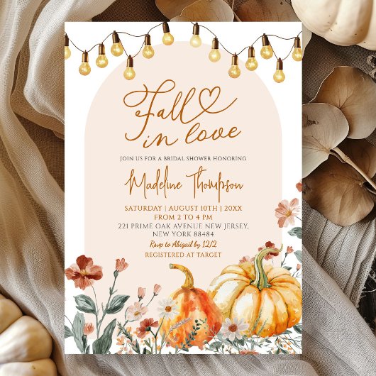 Fall in Love Pumpkin Wildflower Bridal Shower Kaart