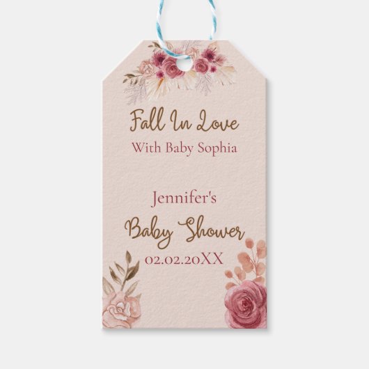 Fall In Love Rustic Pink Floral Baby Shower  Cadeaulabel (Voorkant)