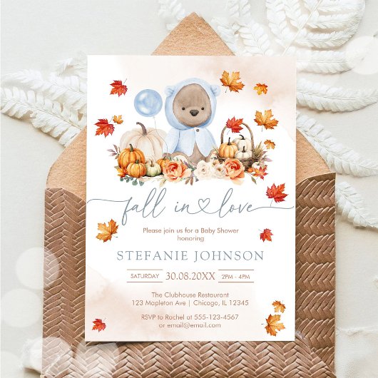 Fall in Love Teddy Bear Baby Shower Invitation Kaart