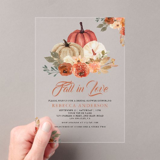 Fall in Love Terracotta Rust Pumpkin Bridal Shower Acryl Uitnodigingen (Insitu (Draagbaar))