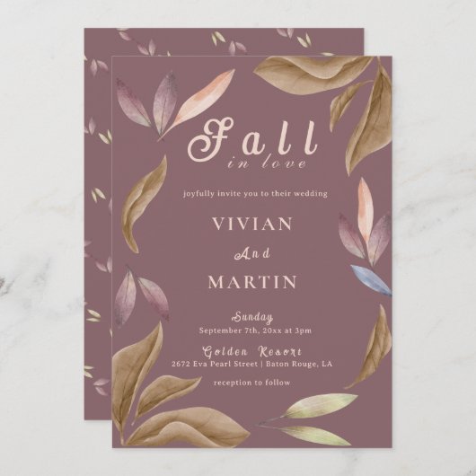 Fall In Love Watercolor Bladeren Bruiloft Kaart (Voorkant / Achterkant)