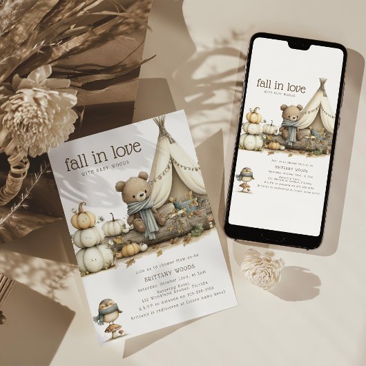 Fall In Love Woodland Bear Baby Shower Kaart