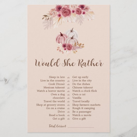 Fall In love Would She Rather Bridal Shower Game (Voorkant)