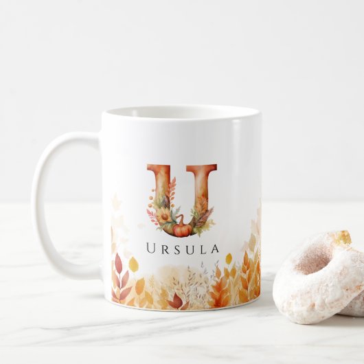 Fall laat letter U-monogram en naam achter Koffiemok (Met donut)